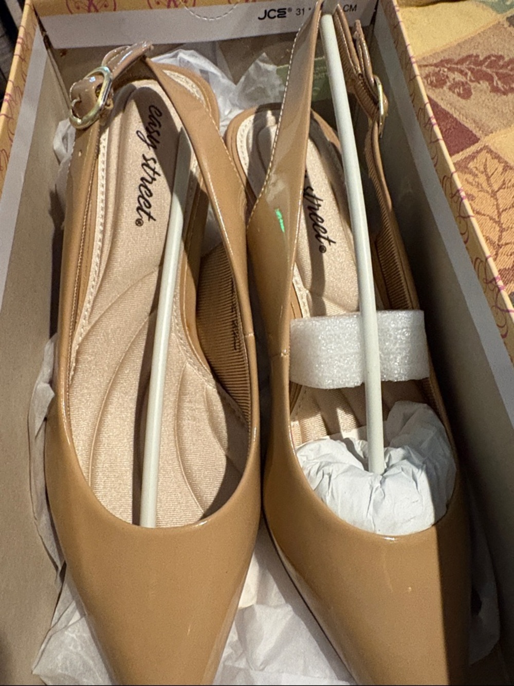easy street Tan Patent Pointed-Toe Slingback Flats